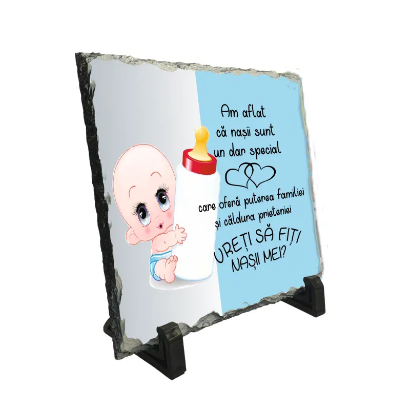 Am aflat ca nasii sunt un dar special albastru, piatra ardezie personalizata, cu mesaj model, pa067